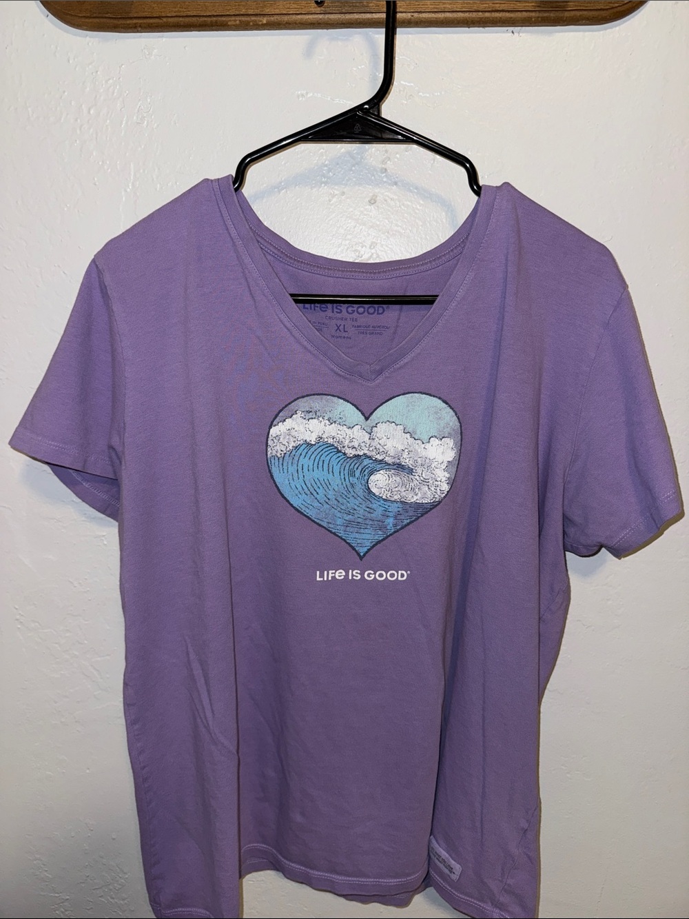 Life Is Good Lavender V-Neck Tee with Wave Heart Graphic